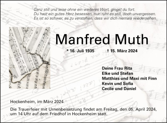 Traueranzeige von Manfred Muth von Schwetzinger Zeitung