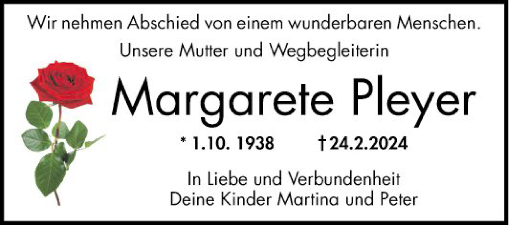  Traueranzeige für Margarete Pleyer vom 06.03.2024 aus Mannheimer Morgen