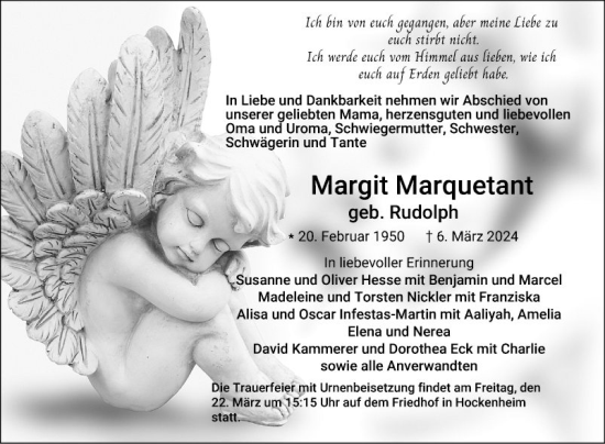 Traueranzeige von Margit Marquetant von Schwetzinger Zeitung
