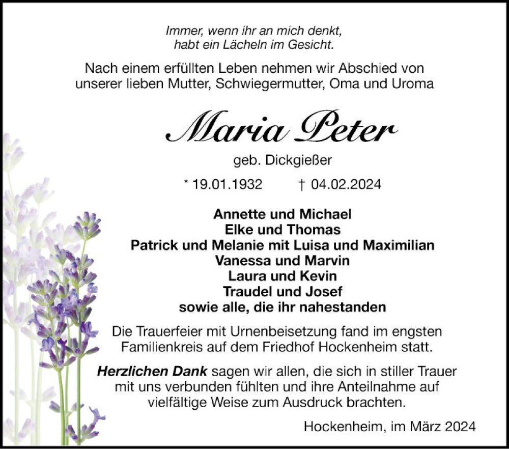  Traueranzeige für Maria Peter vom 02.03.2024 aus Schwetzinger Zeitung