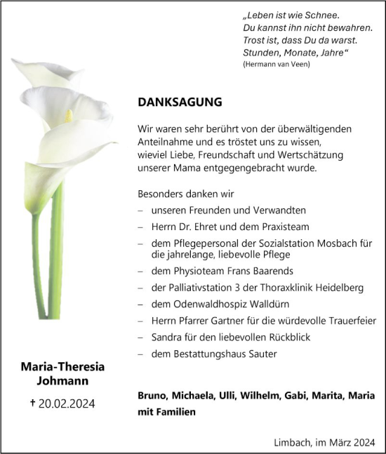 Traueranzeige von Maria-Theresia Johmann von Fränkische Nachrichten