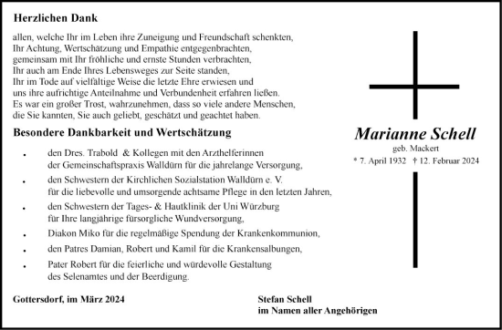 Traueranzeige von Marianne Schell von Fränkische Nachrichten