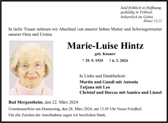 Traueranzeige von Marie-Luise Hintz von Fränkische Nachrichten