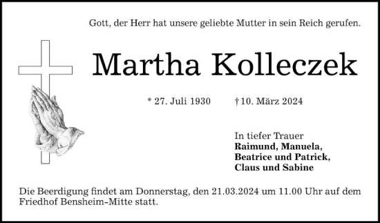 Traueranzeige von Martha Kolleczek von Bergsträßer Anzeiger