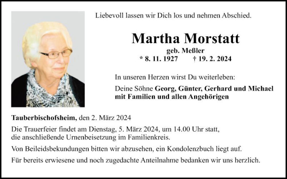  Traueranzeige für Martha Morstatt vom 02.03.2024 aus Fränkische Nachrichten