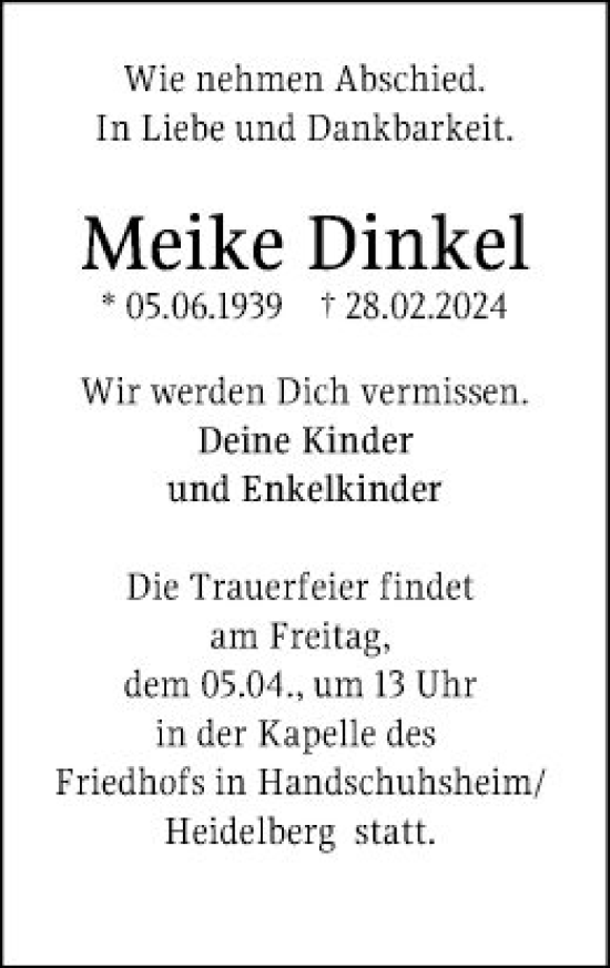 Traueranzeige von Meike Dinkel von Schwetzinger Zeitung