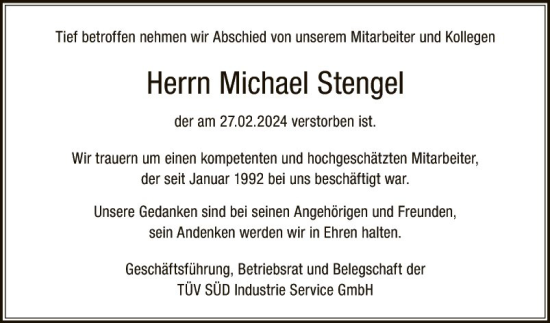Traueranzeige von Michael Stengel von Fränkische Nachrichten