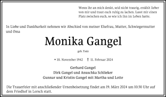 Traueranzeige von Monika Gangel von Bergsträßer Anzeiger