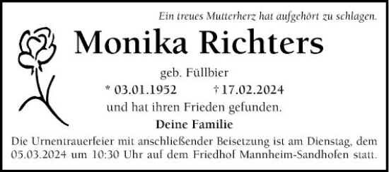 Traueranzeige von Monika Richters von Mannheimer Morgen
