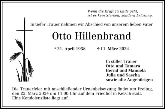 Traueranzeige von Otto Hillenbrand von Schwetzinger Zeitung