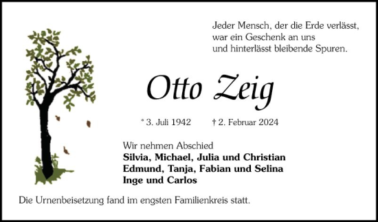 Traueranzeige von Otto Zeig von Bergsträßer Anzeiger