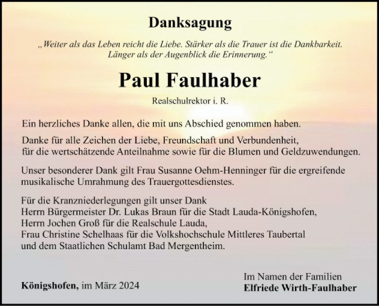 Traueranzeige von Paul Faulhaber von Fränkische Nachrichten