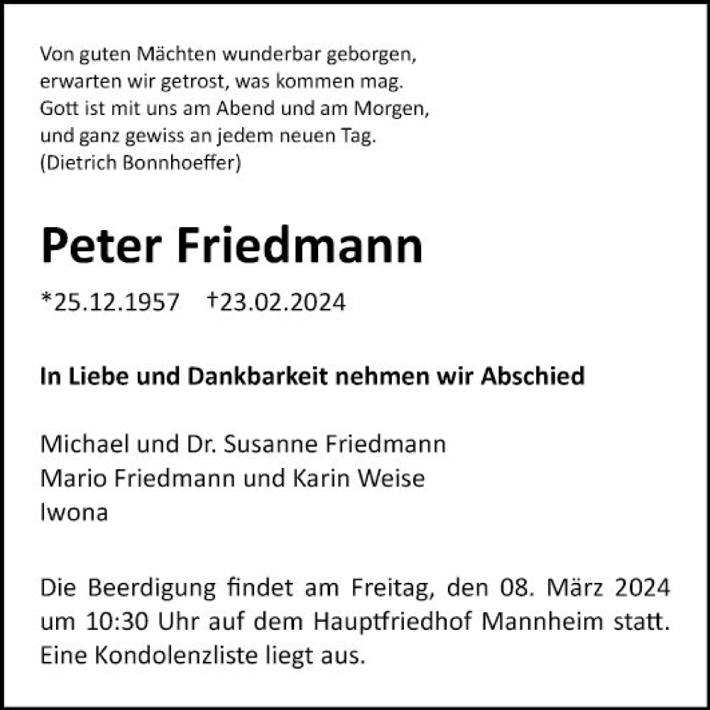  Traueranzeige für Peter Friedmann vom 02.03.2024 aus Mannheimer Morgen