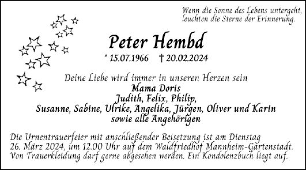  Traueranzeige für Peter Hembd vom 16.03.2024 aus Mannheimer Morgen