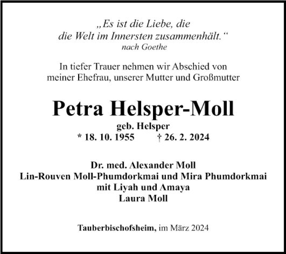  Traueranzeige für Petra Helsper-Moll vom 02.03.2024 aus Fränkische Nachrichten