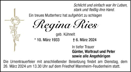 Traueranzeige von Regina Ries von Mannheimer Morgen