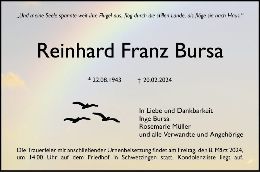  Traueranzeige für Reinhard Franz Bursa vom 02.03.2024 aus Schwetzinger Zeitung