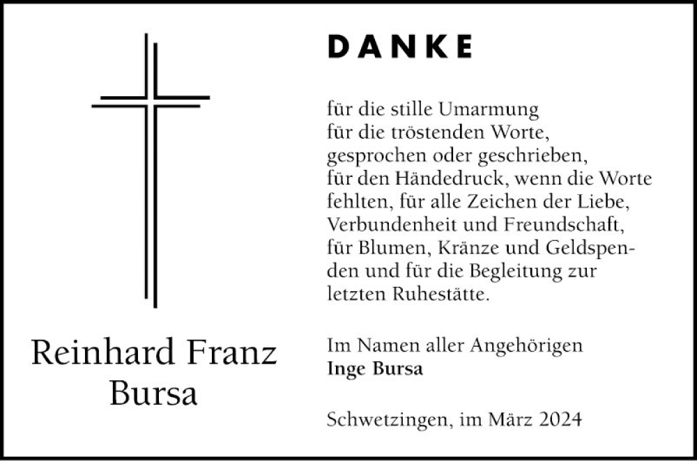  Traueranzeige für Reinhard Franz Bursa vom 23.03.2024 aus Schwetzinger Zeitung