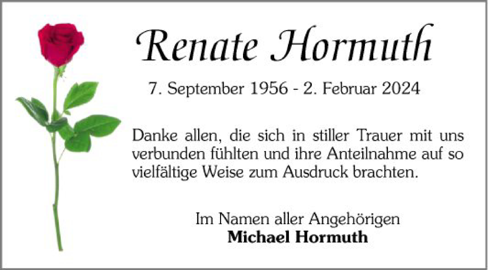  Traueranzeige für Renate Hormuth vom 09.03.2024 aus Mannheimer Morgen