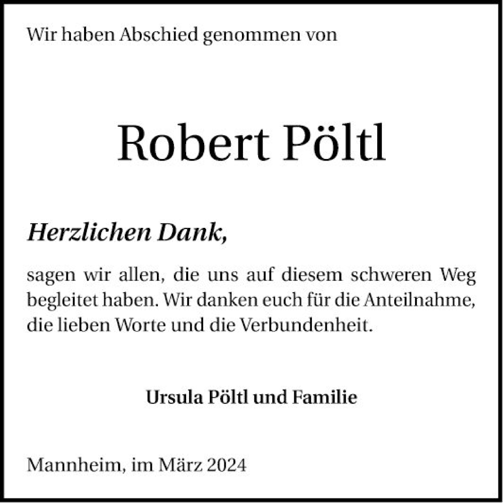  Traueranzeige für Robert Pöltl vom 23.03.2024 aus Mannheimer Morgen