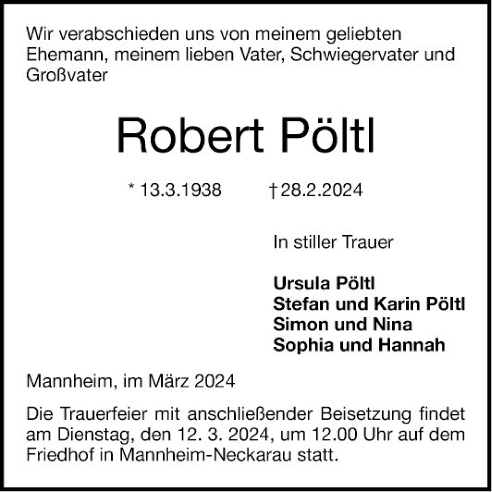  Traueranzeige für Robert Pöltl vom 09.03.2024 aus Mannheimer Morgen