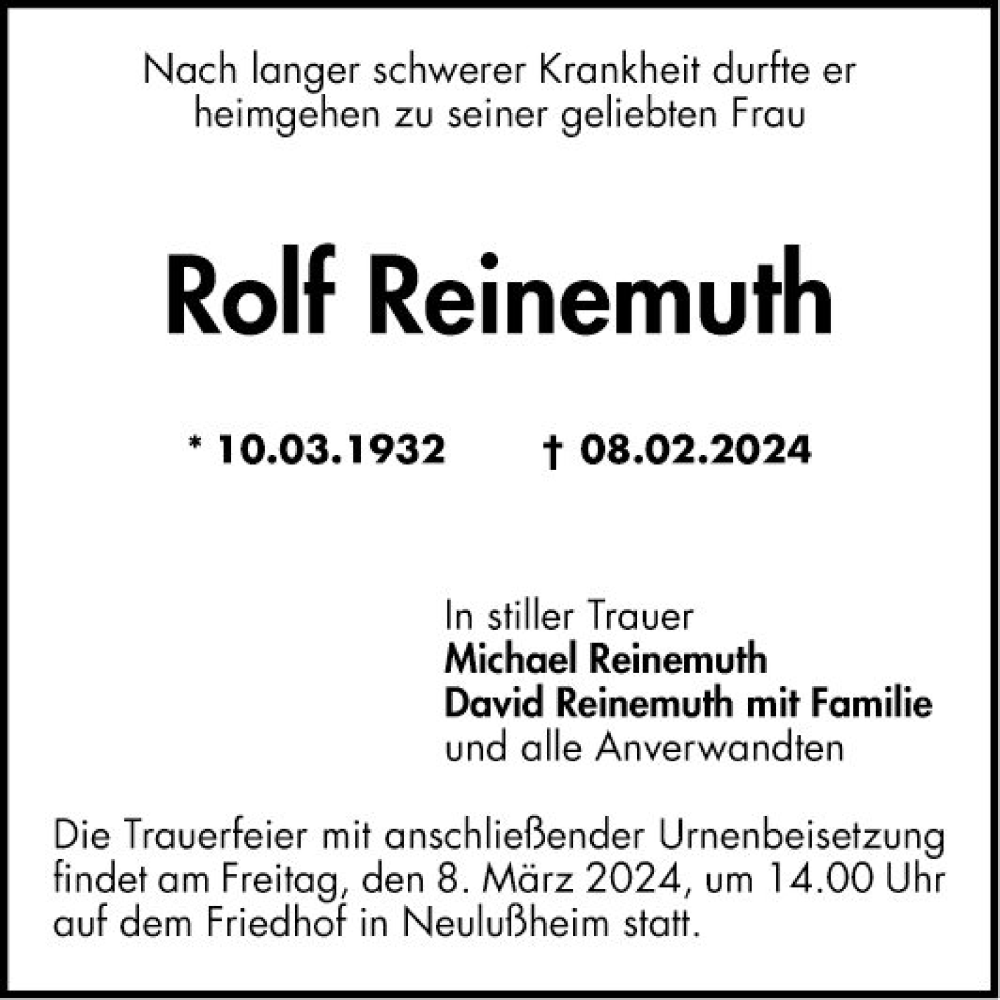  Traueranzeige für Rolf Reinemuth vom 07.03.2024 aus Schwetzinger Zeitung