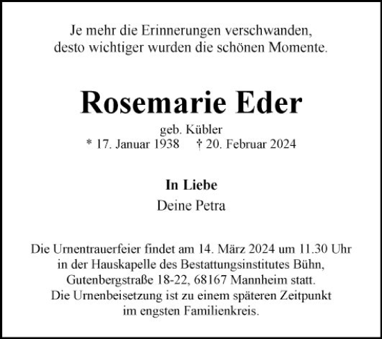 Traueranzeige von Rosemarie Eder von Mannheimer Morgen