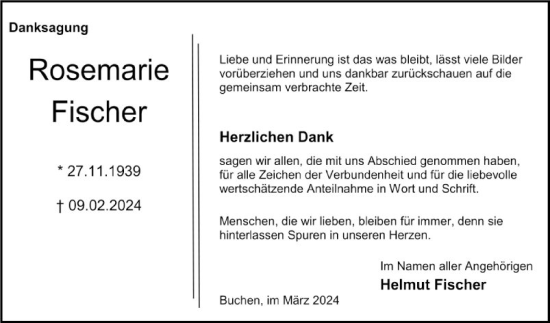 Traueranzeige von Rosemarie Fischer von Fränkische Nachrichten