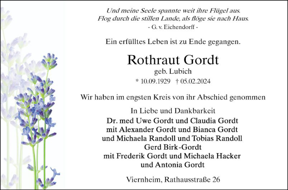  Traueranzeige für Rothraut Gordt vom 09.03.2024 aus Mannheimer Morgen