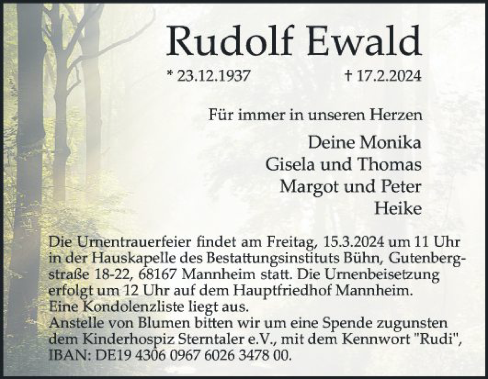  Traueranzeige für Rudolf Ewald vom 09.03.2024 aus Mannheimer Morgen