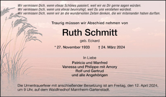 Traueranzeige von Ruth Schmitt von Mannheimer Morgen