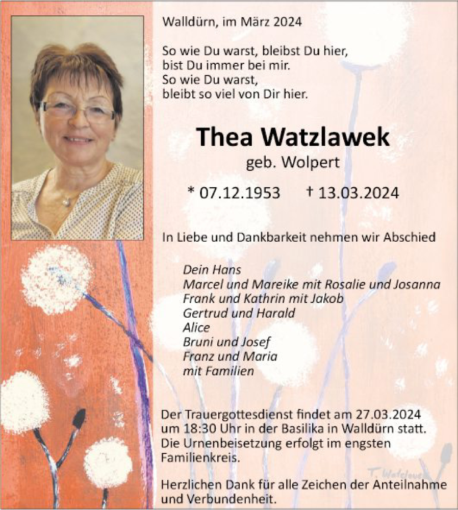  Traueranzeige für Thea Watzlawek vom 23.03.2024 aus Fränkische Nachrichten