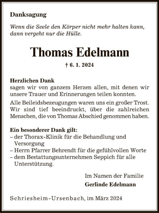 Traueranzeige von Thomas Edelmann von Mannheimer Morgen