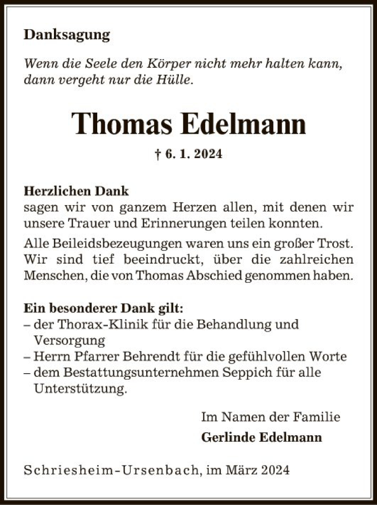 Traueranzeige für Thomas Edelmann vom 02.03.2024 aus Mannheimer Morgen