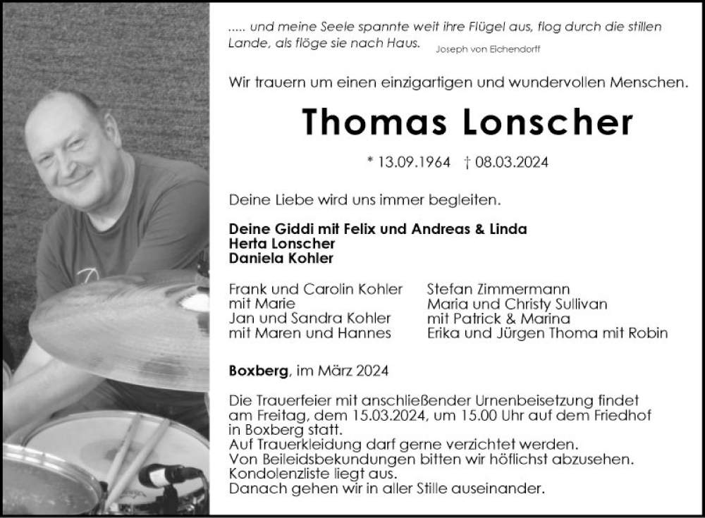  Traueranzeige für Thomas Lonscher vom 13.03.2024 aus Fränkische Nachrichten