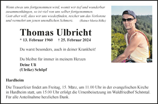 Traueranzeige von Thomas Ulbricht von Fränkische Nachrichten