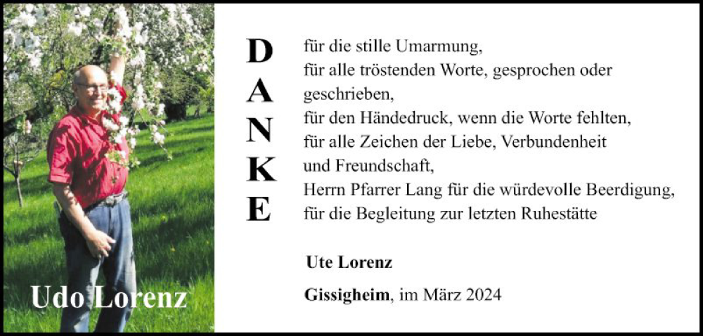  Traueranzeige für Udo Lorenz vom 09.03.2024 aus Fränkische Nachrichten