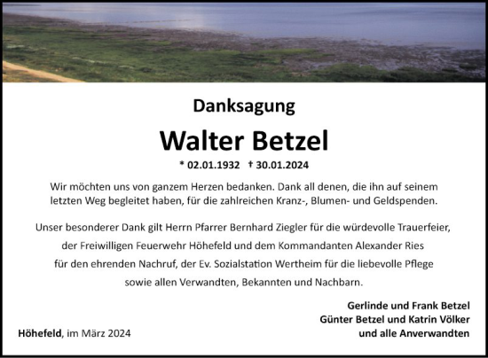 Traueranzeige von Walter Betzel von Fränkische Nachrichten