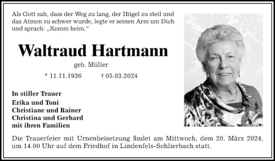 Traueranzeige von Waltraud Hartmann von Bergsträßer Anzeiger
