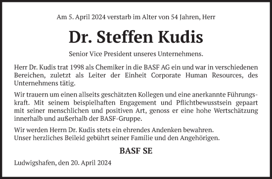 Traueranzeige von Steffen Charly Kudis von Mannheimer Morgen