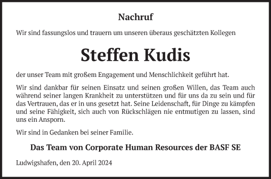 Traueranzeige von Steffen Charly Kudis von Mannheimer Morgen