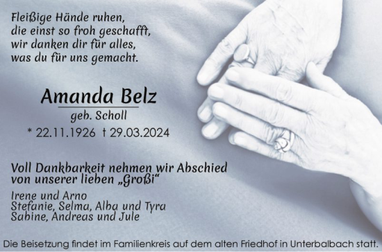 Traueranzeige von Amanda Belz von Fränkische Nachrichten