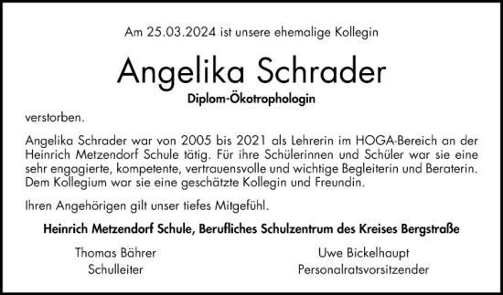 Traueranzeige von Angelika Schrader von Bergsträßer Anzeiger