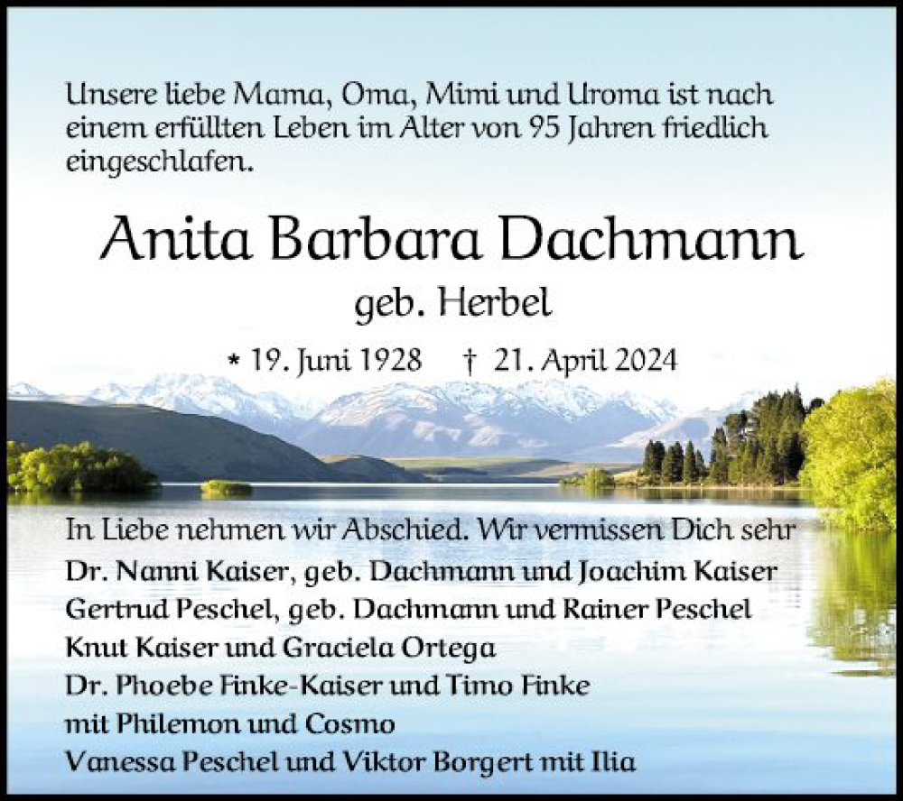  Traueranzeige für Anita Barbara Dachmann vom 27.04.2024 aus Mannheimer Morgen