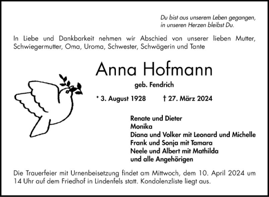 Traueranzeige von Anna Hofmann von Bergsträßer Anzeiger