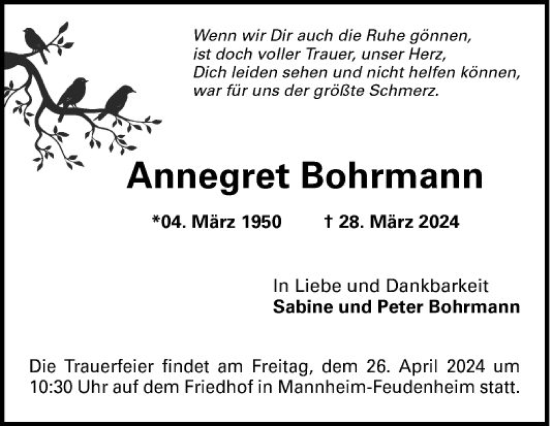 Traueranzeige von Annegret Bohrmann von Mannheimer Morgen