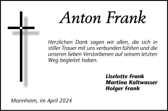 Traueranzeige von Anton Frank von Mannheimer Morgen