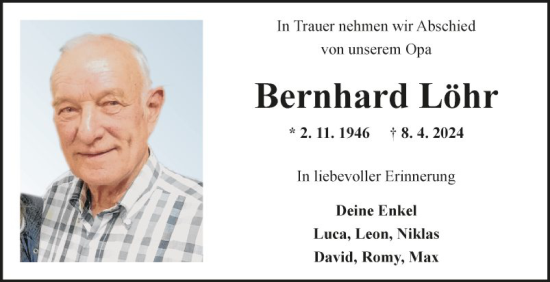 Traueranzeige von Bernhard Löhr von Fränkische Nachrichten