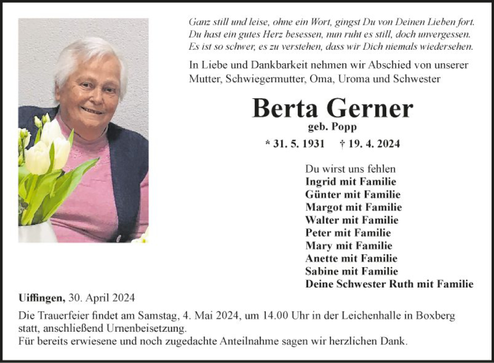  Traueranzeige für Berta Gerner vom 30.04.2024 aus Fränkische Nachrichten