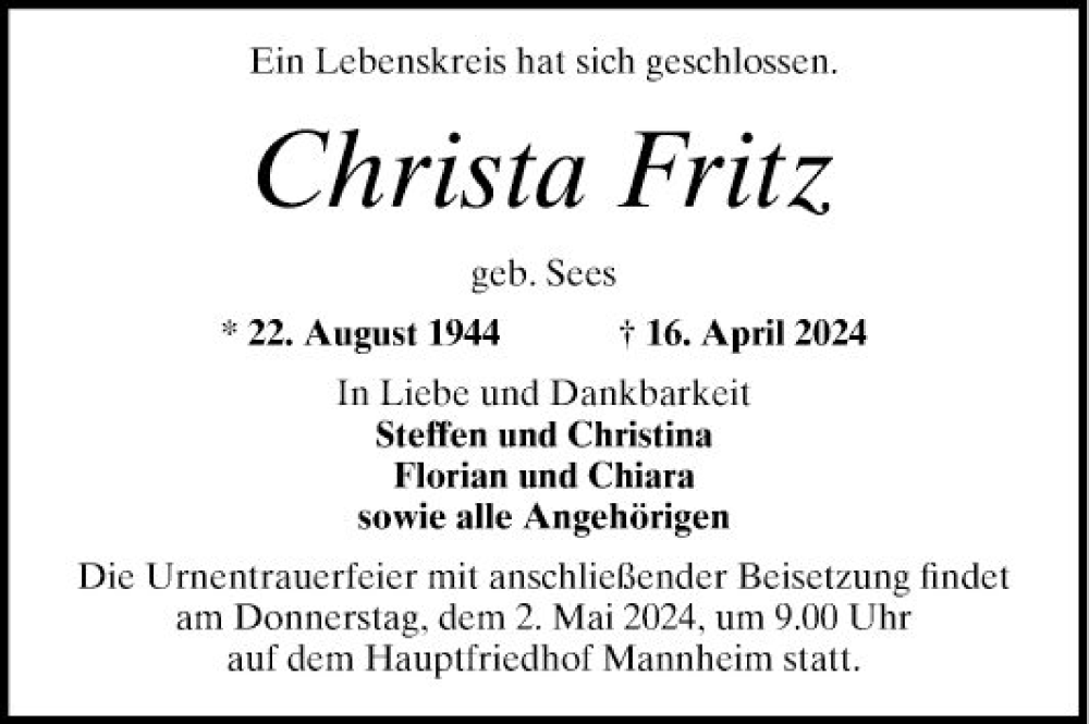  Traueranzeige für Christa Fritz vom 20.04.2024 aus Mannheimer Morgen